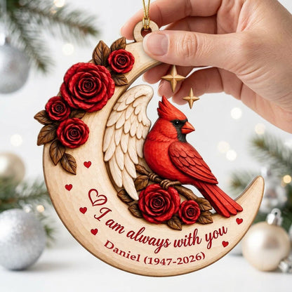 Crescent moon wood ornament with red cardinal, angel wing, red roses, stars, hearts, and custom name and years.