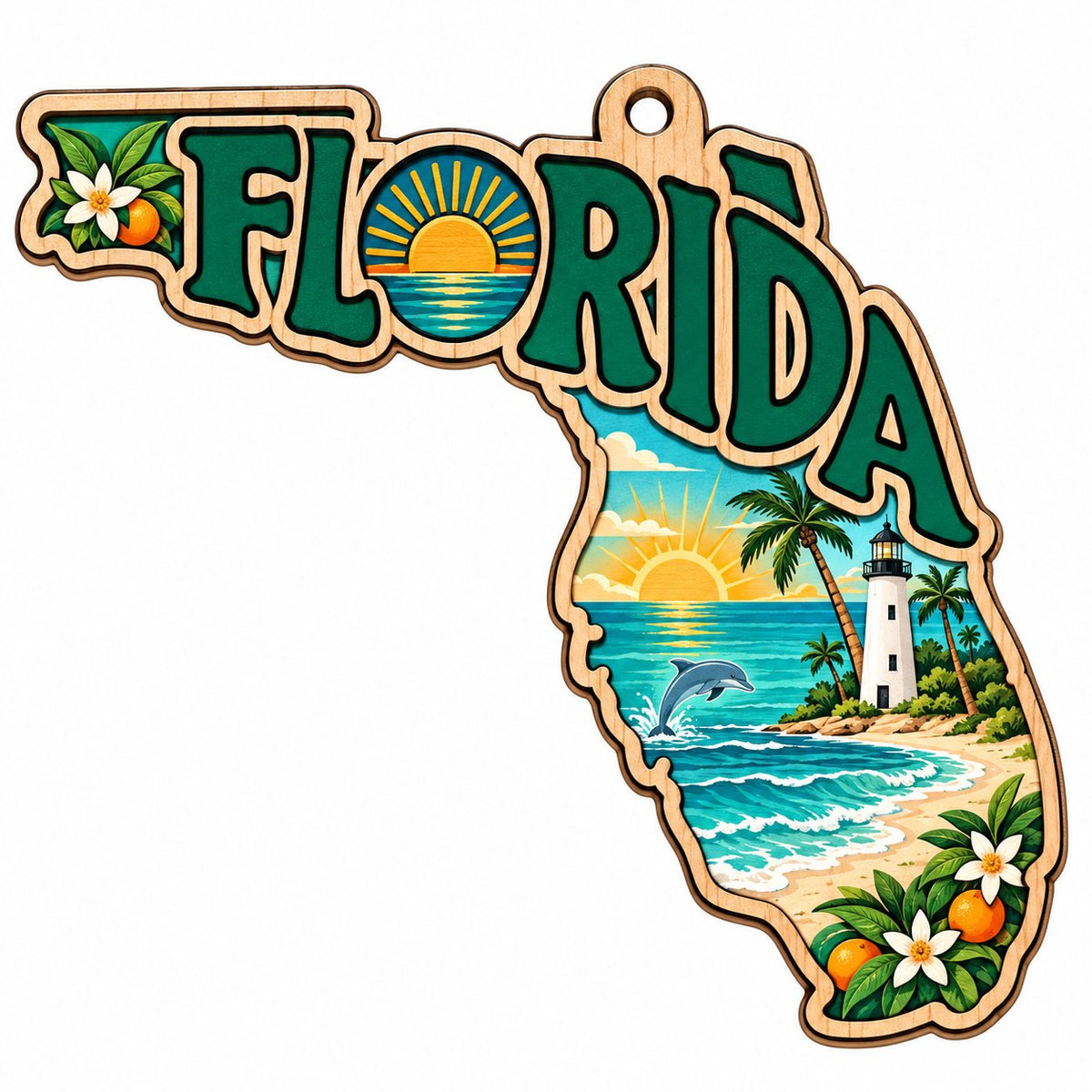 Florida state wood ornament with "FLORIDA", beach waves, dolphin, lighthouse, palm trees, and orange blossoms.