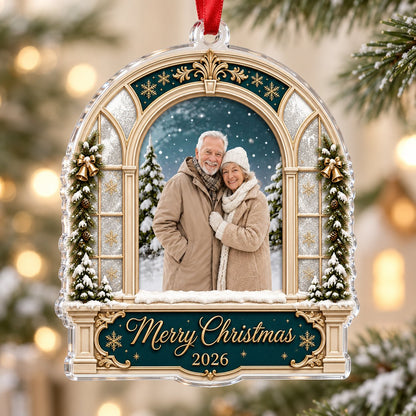 Arched window acrylic ornament with green header, pine garlands, Merry Christmas text, and a center photo window.