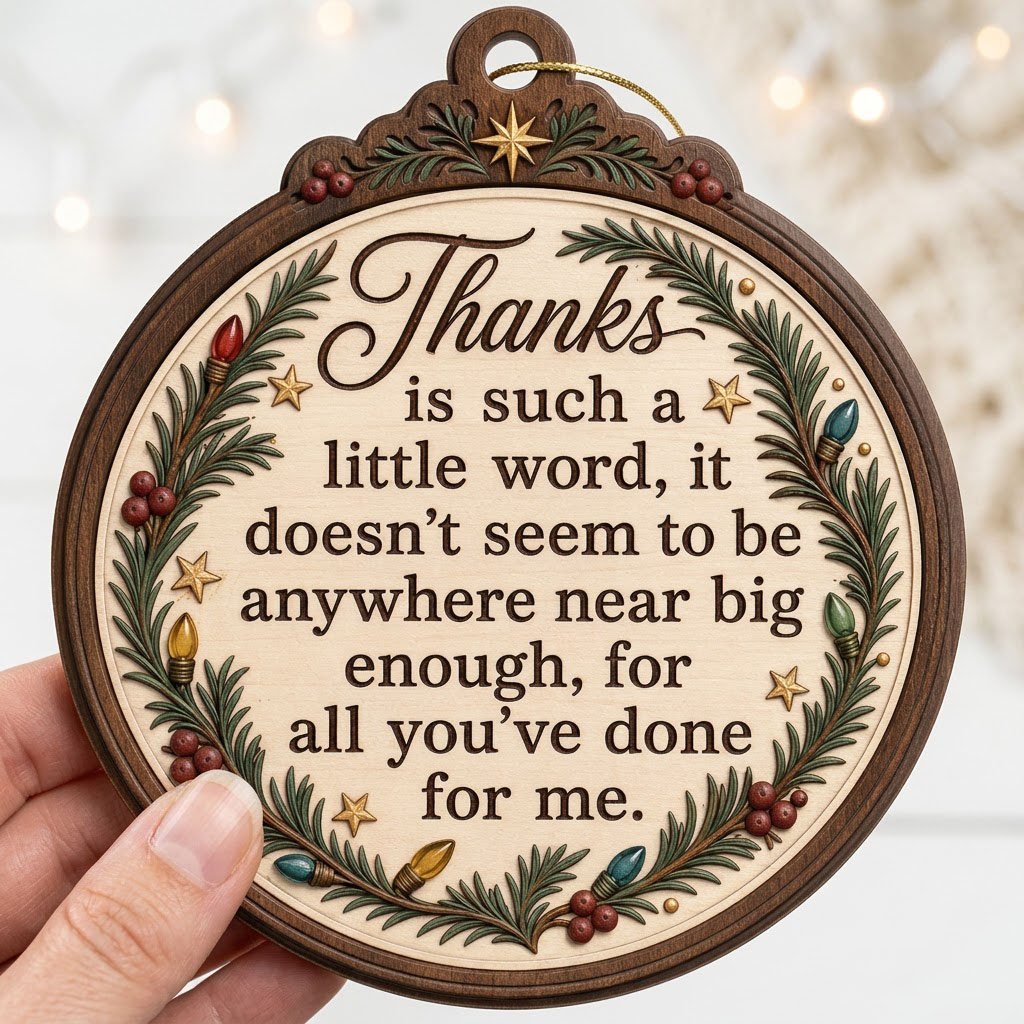 Wood ornament with arched top, pine branches, colorful lights, red berries, gold stars, and a heartfelt thank-you quote.