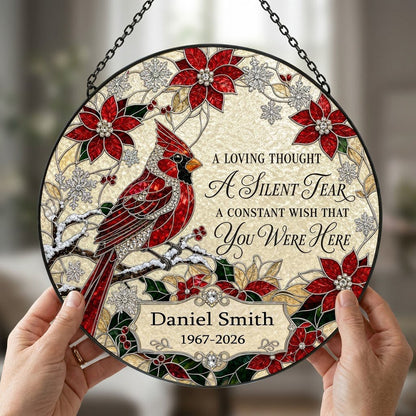 Personalized Red Cardinal Poinsettia A Silent Tear Memorial Stained Glass Round Suncatcher