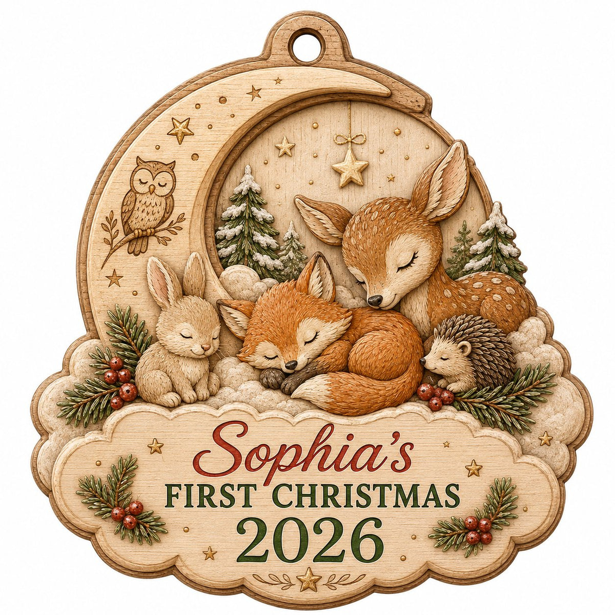 Personalized Woodland Animals Baby's First Christmas Wood Ornament, Custom Keepsake