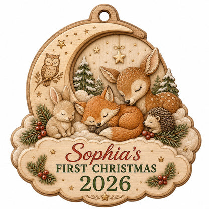 Personalized Woodland Animals Baby's First Christmas Wood Ornament, Custom Keepsake