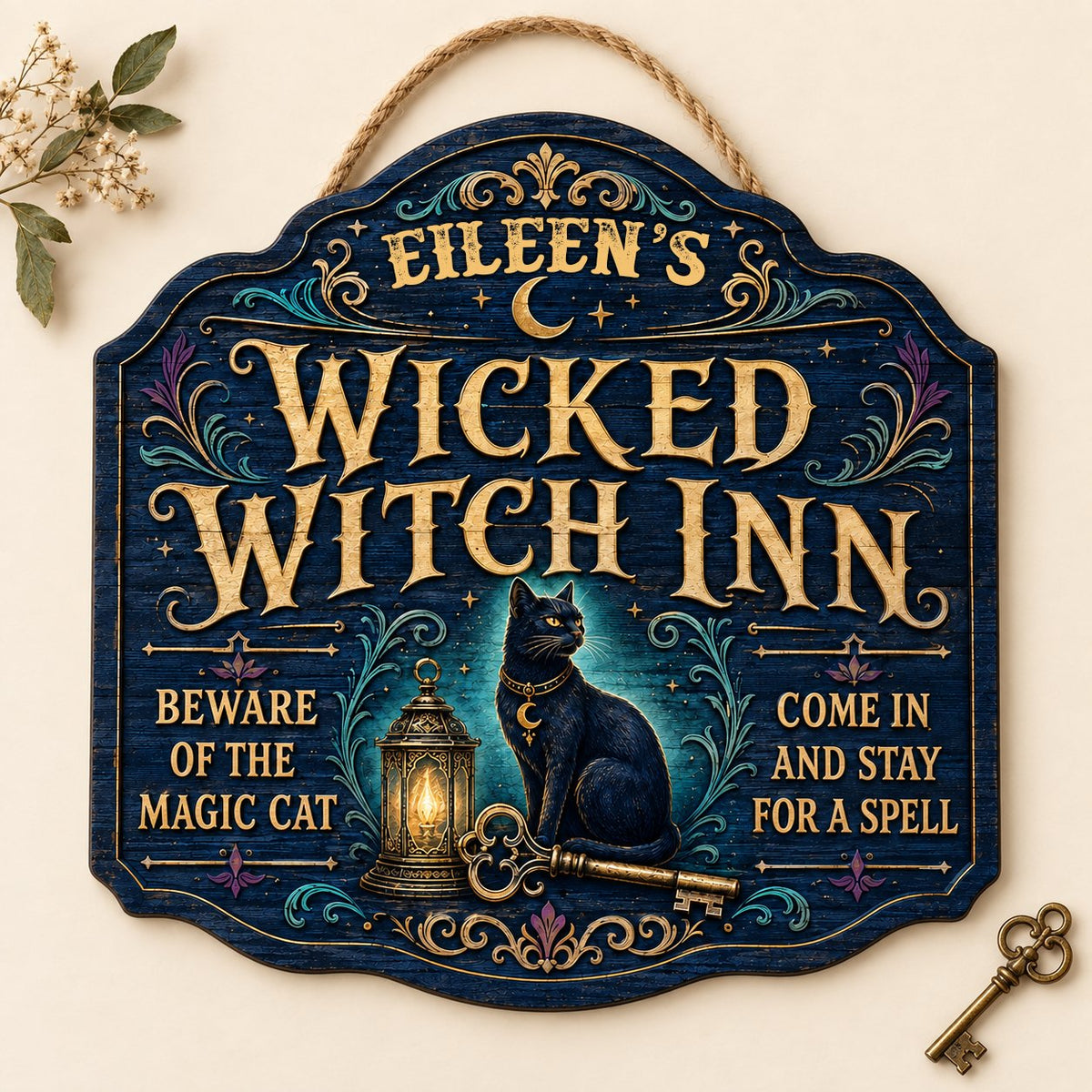 Custom-cut wooden sign with black cat, glowing lantern, golden key, crescent moons, stars, and Wicked Witch Inn text