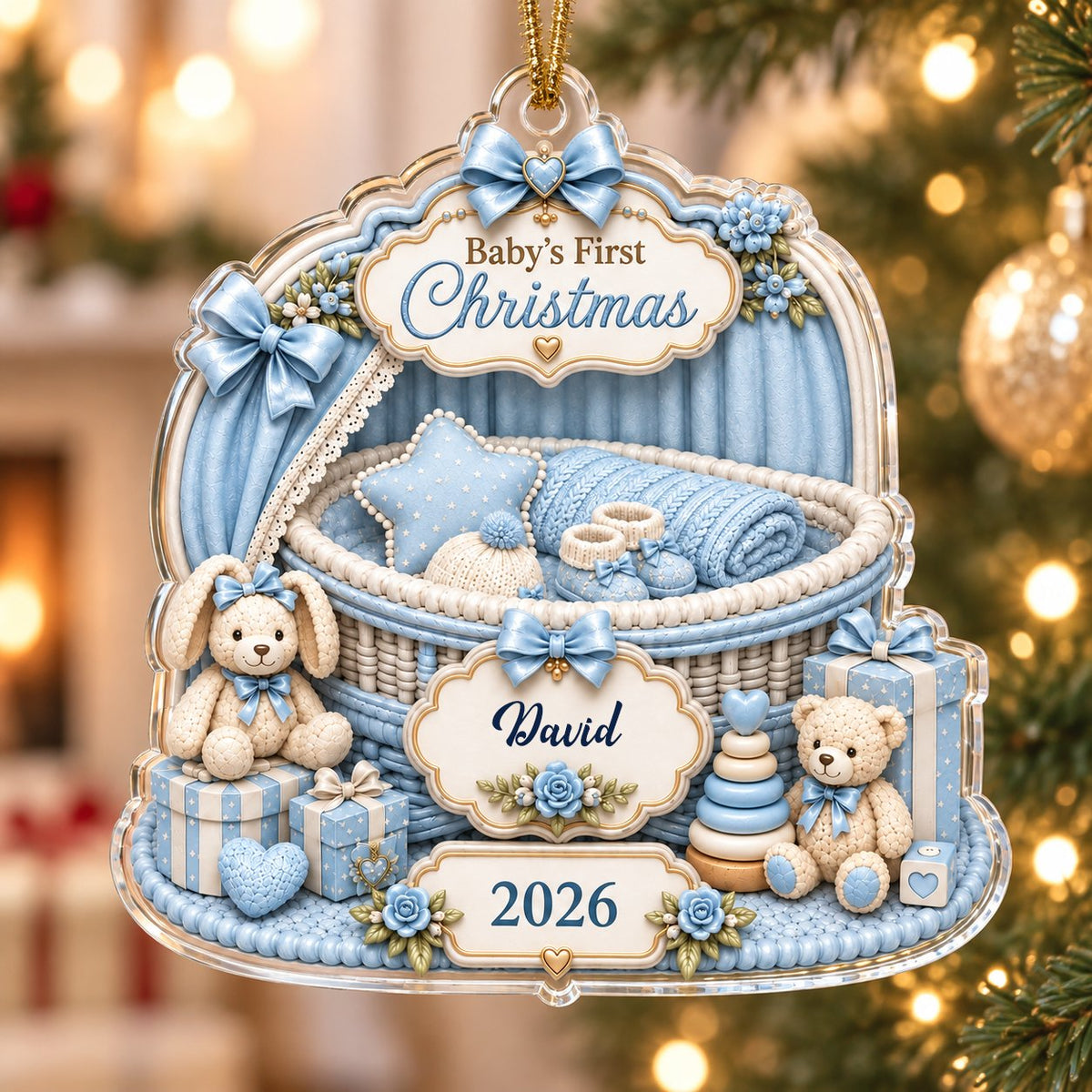 Clear acrylic ornament with blue nursery bassinet, bunny, teddy, and Baby's First Christmas with name and year.