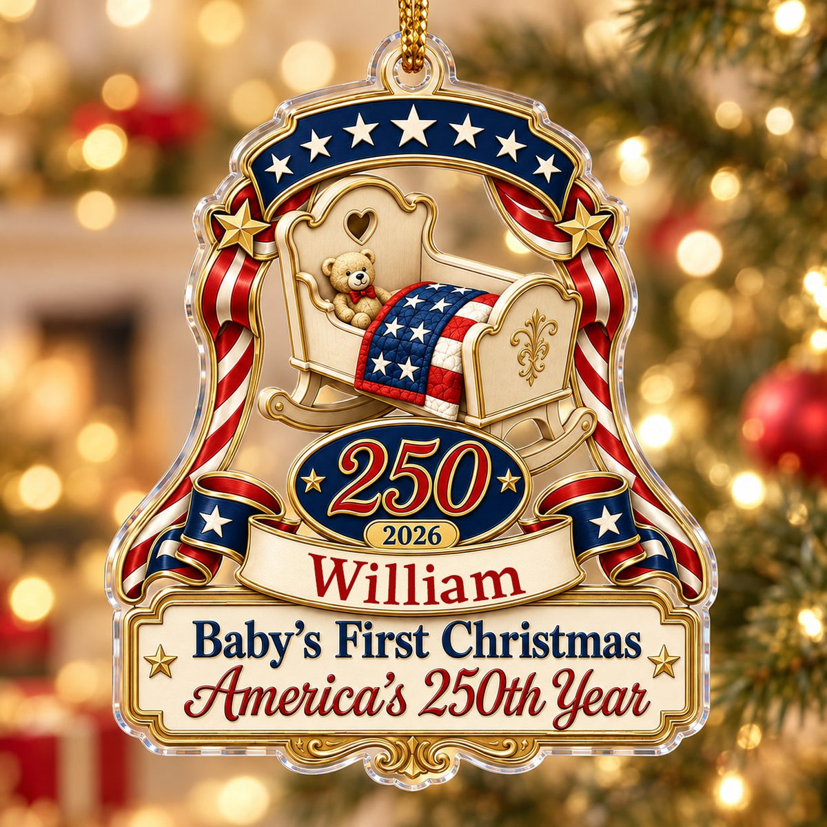 Acrylic ornament with baby crib, teddy bear, patriotic ribbon, and 'Baby's First Christmas', personalized with name and 