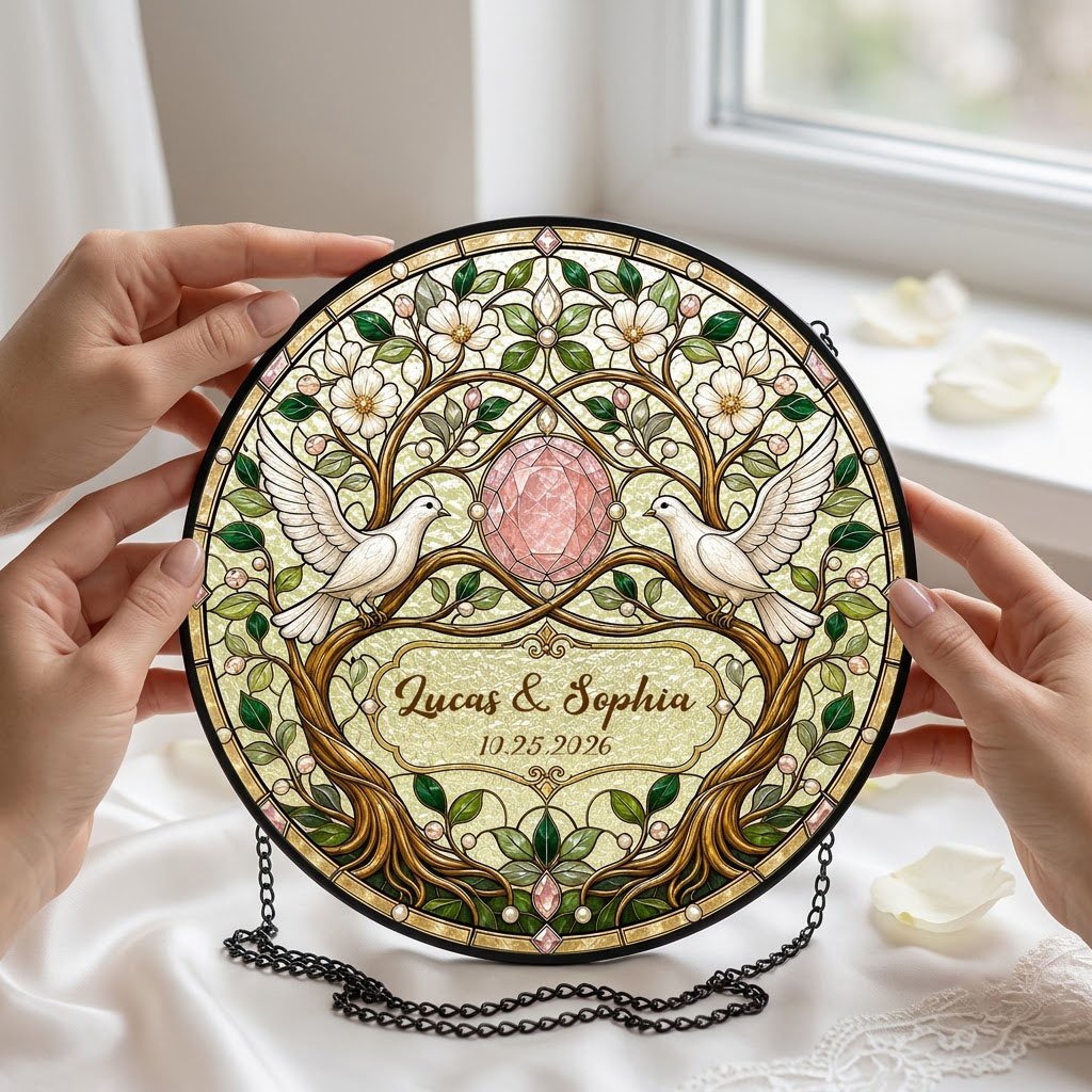 Personalized Wedding Doves & Pink Crystal Gem Floral Tree of Life Stained Glass Round Suncatcher