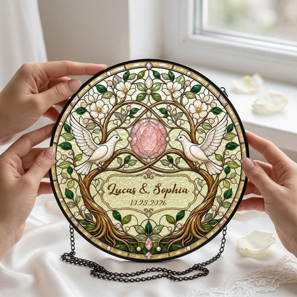 Personalized Wedding Doves & Pink Crystal Gem Floral Tree of Life Stained Glass Round Suncatcher