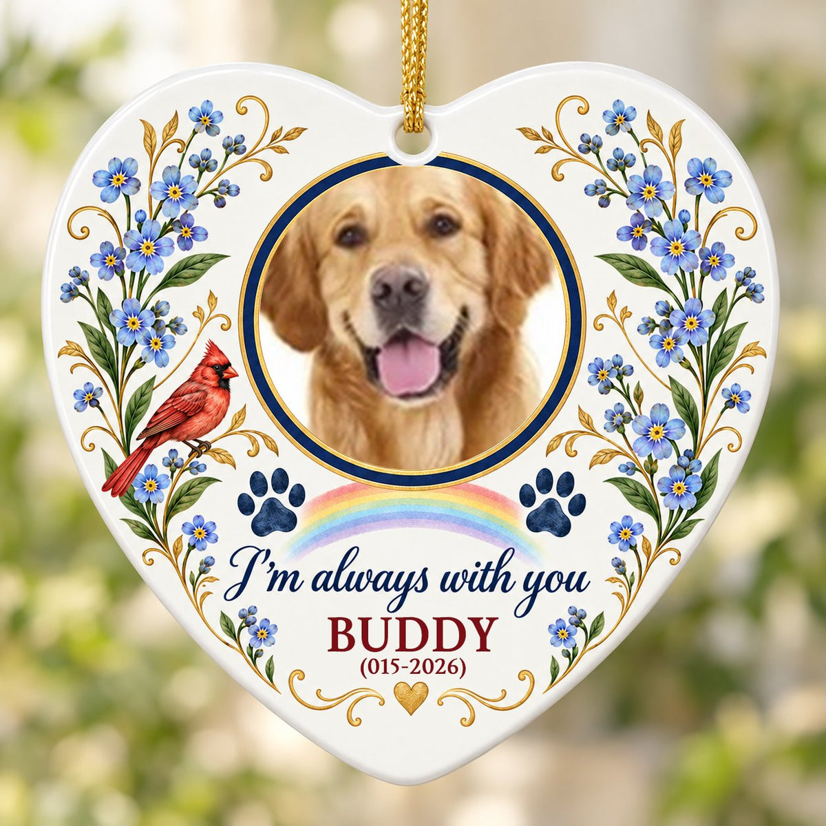 Heart ceramic ornament with a dog photo, red cardinal, blue forget-me-nots, rainbow, paw prints, and a gold heart accent