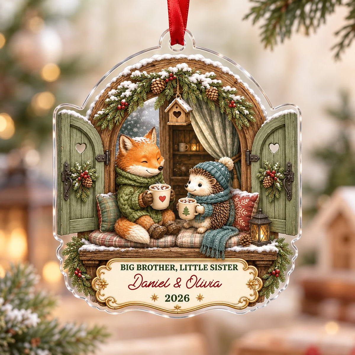 Arched window acrylic ornament with fox and hedgehog, garlands, birdhouse, and cream banner for names and year.
