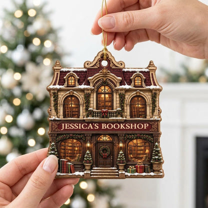 Victorian bookshop facade ornament with garlands, wreath, potted trees and 'BOOKSHOP' sign, personalized with a name.
