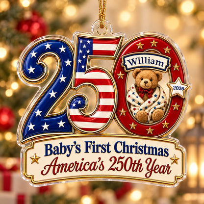 Acrylic ornament shaped like 250 with a teddy bear in the 0 and a gold-trimmed banner for the baby's name and year.