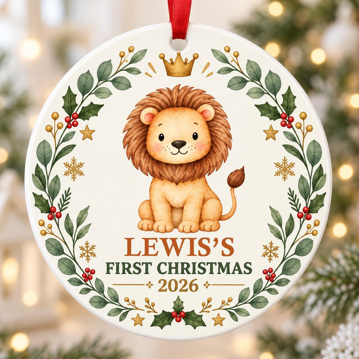 Round ceramic ornament with a cute crowned lion inside a festive wreath of green leaves, red berries, stars and snowflak