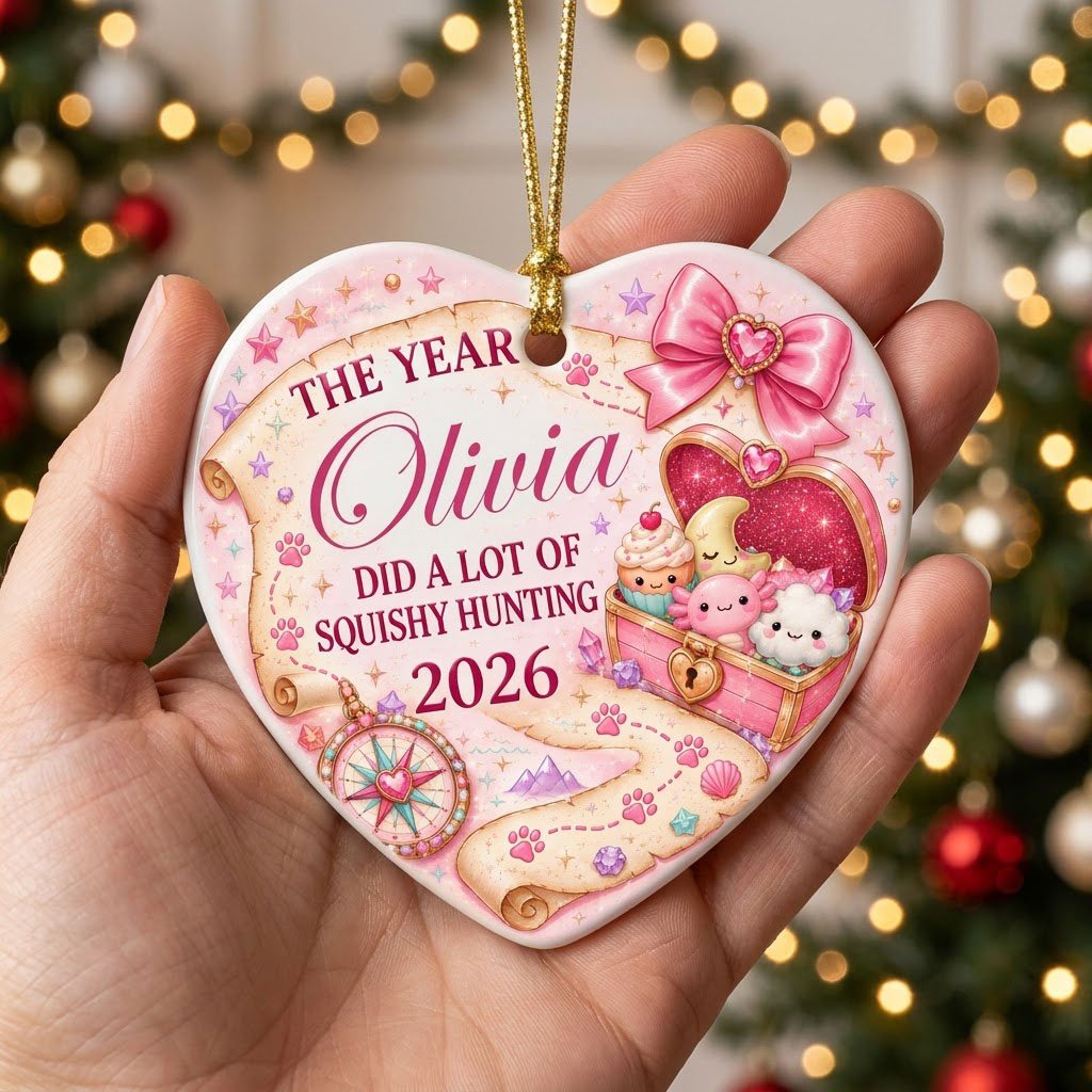 Heart ceramic ornament with a pastel treasure map, pink bow, compass, and a kawaii squishy-filled treasure chest.