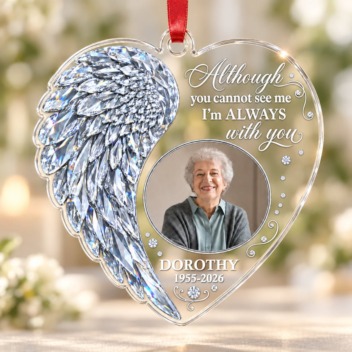 Heart-shaped clear acrylic ornament with crystal-style angel wing, round photo frame, and memorial quote