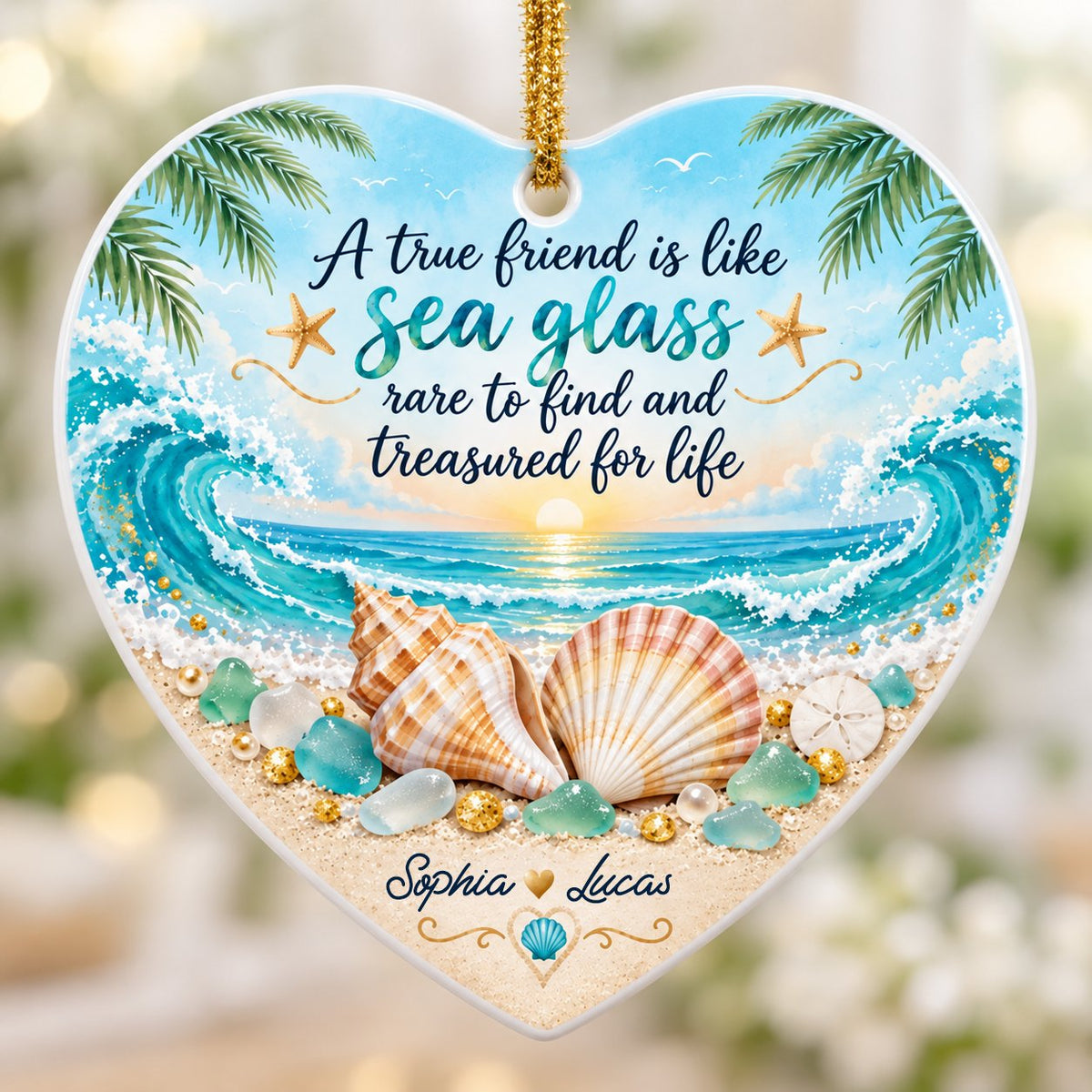 Heart ceramic ornament with beach sunset, palm trees, shells, sea glass, starfish, and a friendship quote.