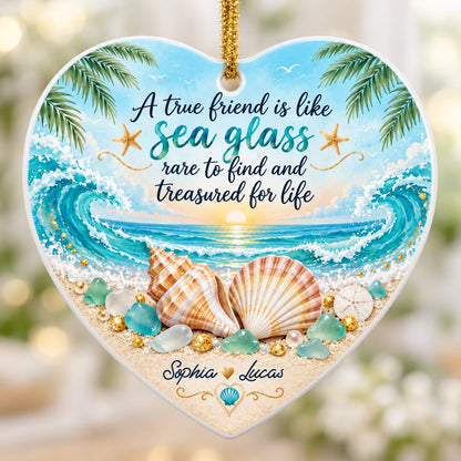 Heart ceramic ornament with beach sunset, palm trees, shells, sea glass, starfish, and a friendship quote.