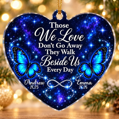 Heart acrylic ornament with blue butterflies, starry galaxy background, and the memorial quote with name and year.