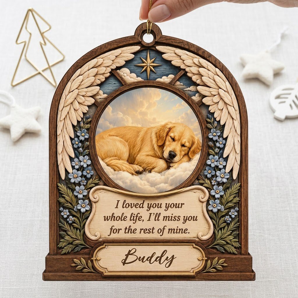 Arch wood ornament with angel wings, star, forget-me-not flowers, and a circular pet photo slot in the center.