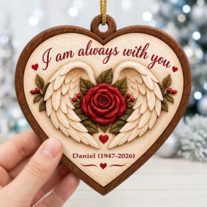 Heart-shaped wood ornament with angel wings around a red rose and the words 'I am always with you'.