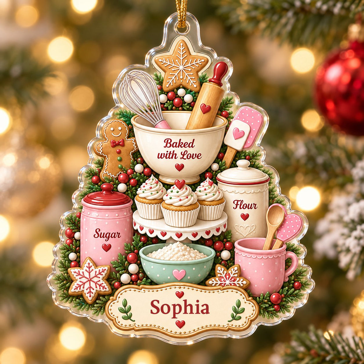 Baking-themed tree acrylic ornament with gingerbread star, cupcakes, utensils, and a name banner.