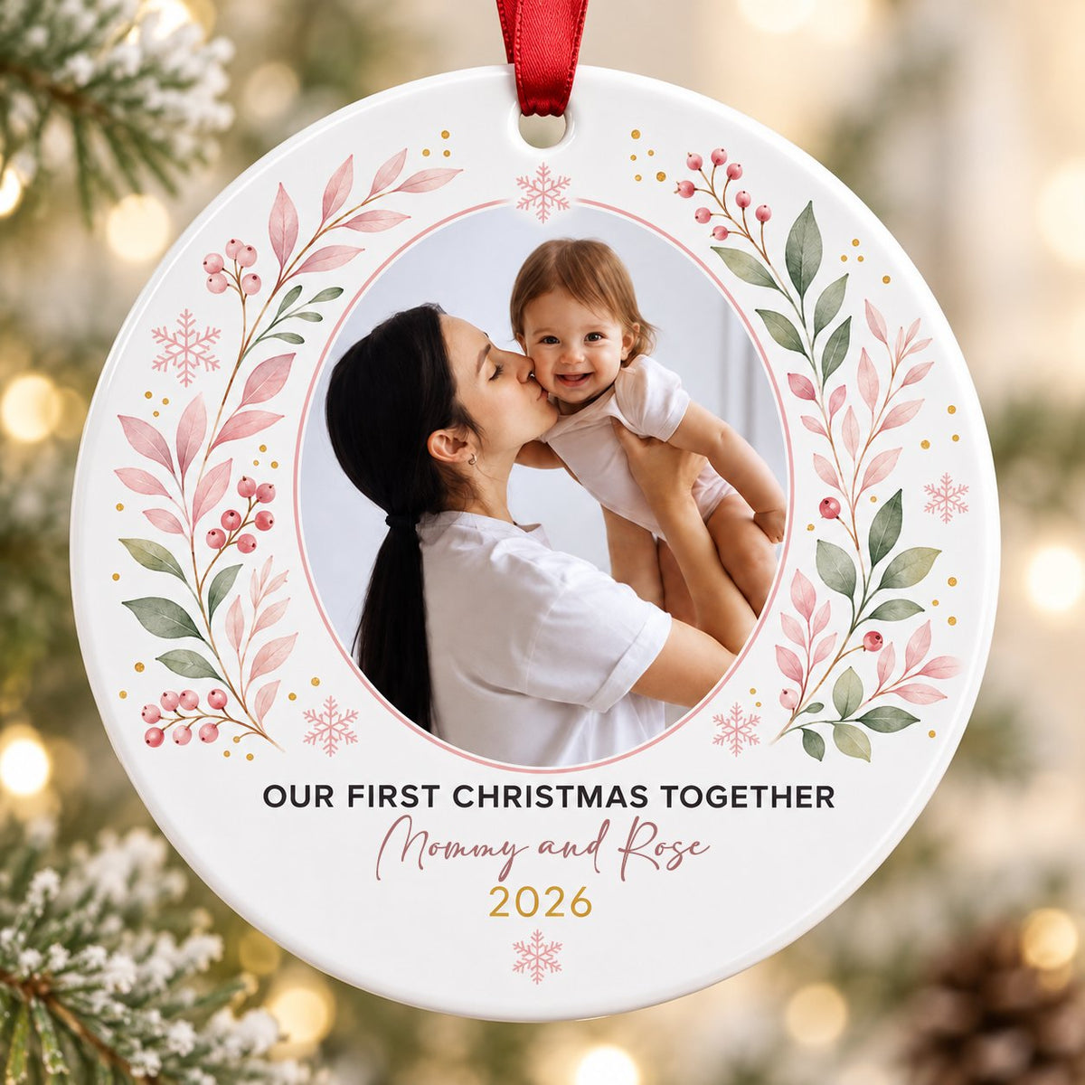 Round ceramic ornament with a photo frame, pink-green botanical wreath, and 'OUR FIRST CHRISTMAS TOGETHER' text.