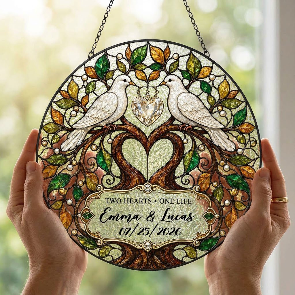 Personalized Wedding Doves & Tree of Life Two Hearts One Life Stained Glass Round Suncatcher