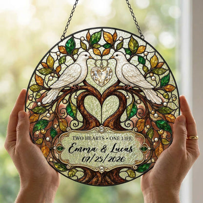 Personalized Wedding Doves & Tree of Life Two Hearts One Life Stained Glass Round Suncatcher