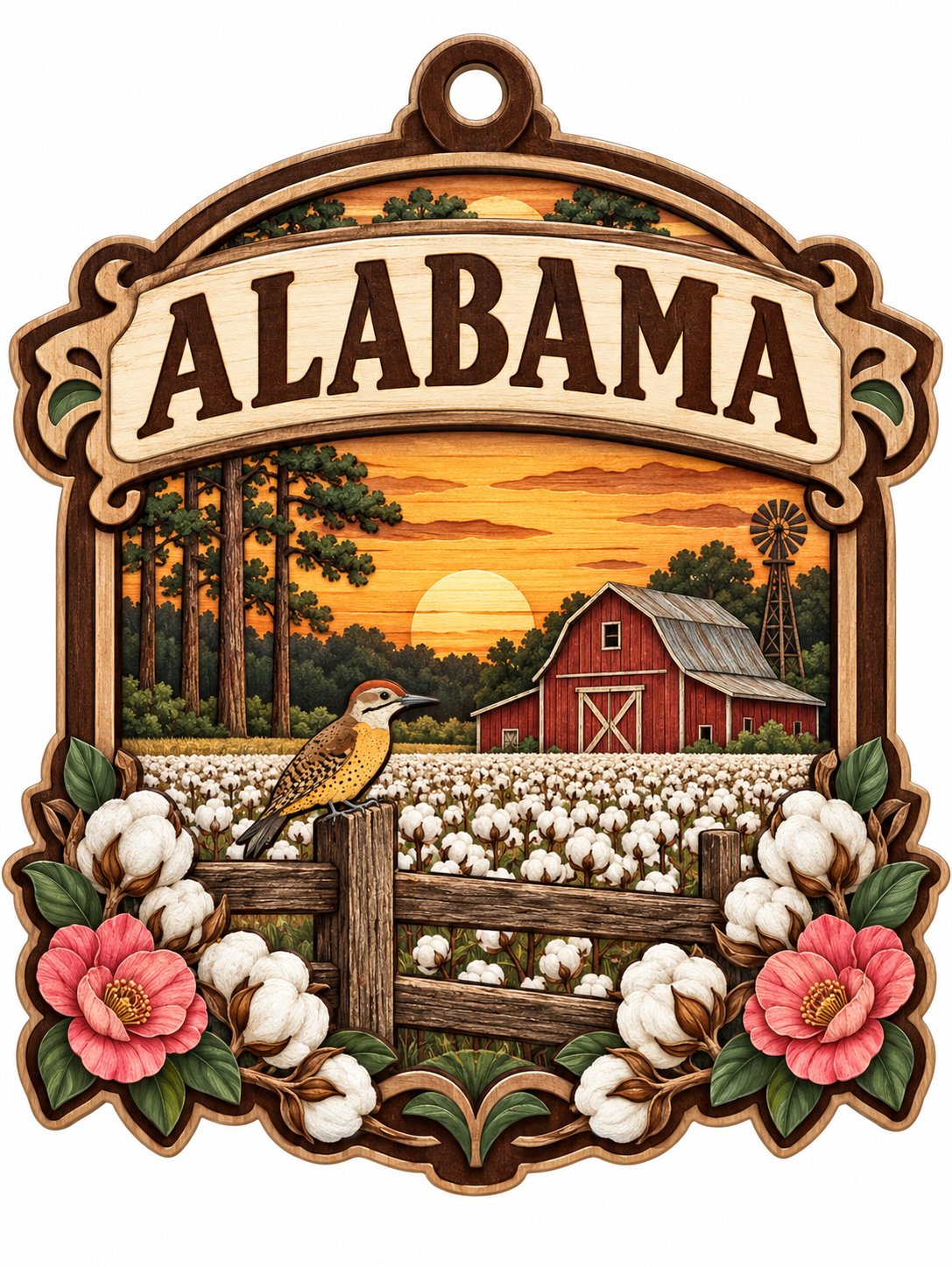 Custom-cut wood ornament with “ALABAMA”, red barn, windmill, yellowhammer bird, cotton and pink camellias at sunset.