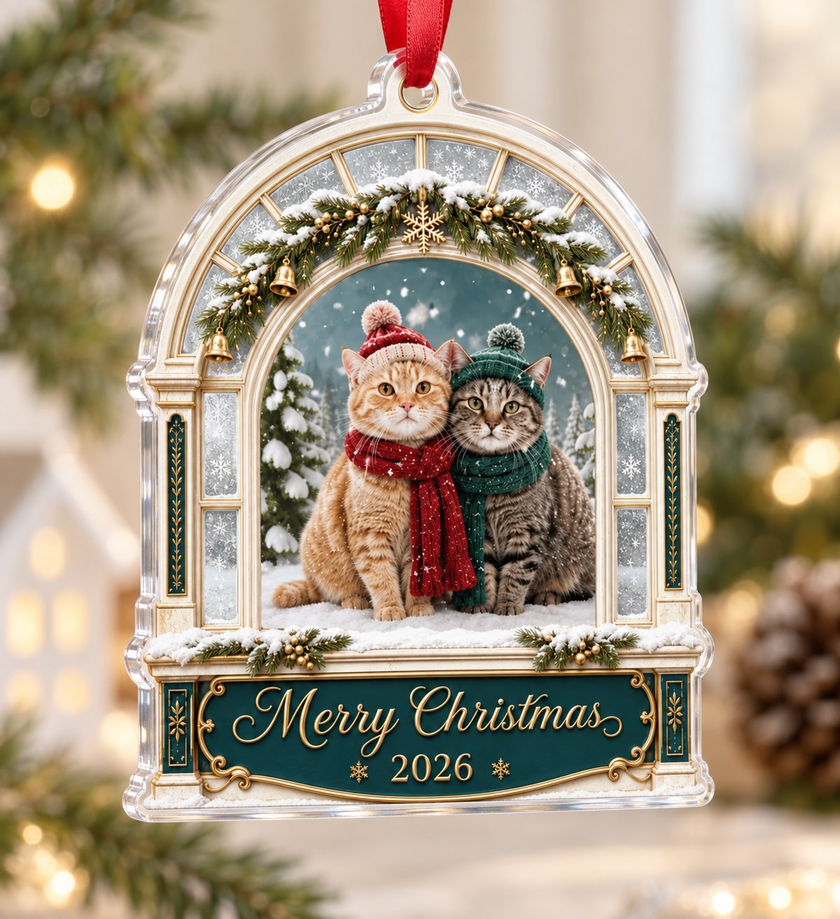 Arched window acrylic ornament with pine garland, gold bells, two cats in winter hats and scarves, and a green banner fo