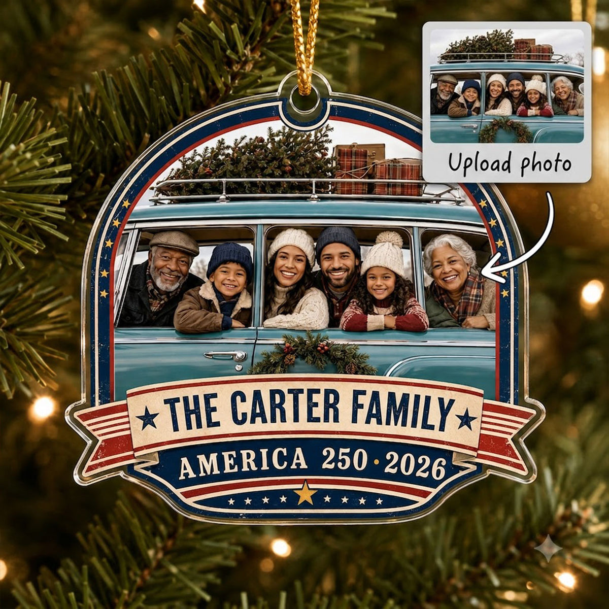 Personalized America 250 Family Photo Christmas Ornament 2026