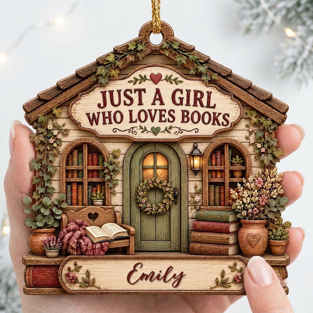House-shaped wood ornament with 'JUST A GIRL WHO LOVES BOOKS', bookshelves, green door with wreath, and the name Emily.