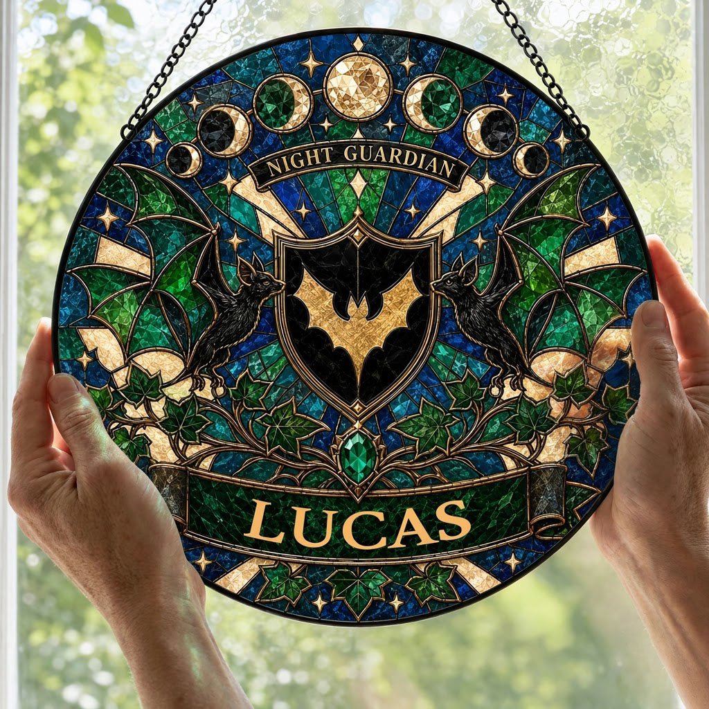 Round stained-glass suncatcher with gold bat shield, two black bats, moon phases, emerald gem, ivy and starbursts.