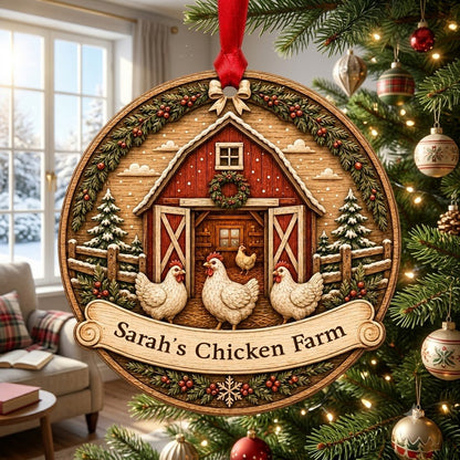Personalized Round Red Barn Chicken Coop Wood Ornament, Custom Farmhouse Keepsake