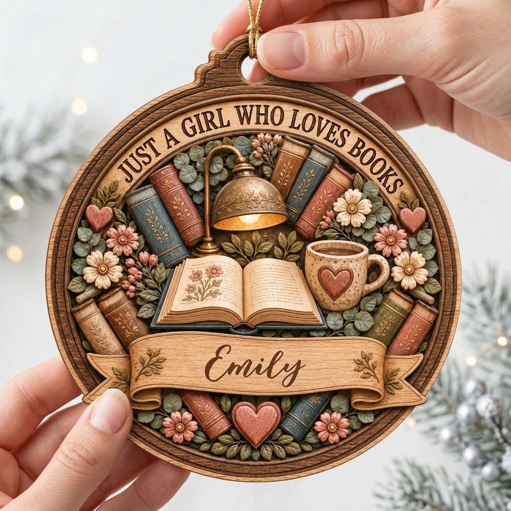 Round wood ornament with faux carved open book, glowing lamp, heart mug, stacked books, flowers, and a personalized name