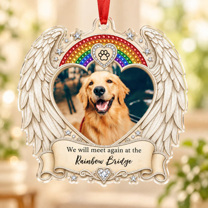 Acrylic ornament with angel wings, heart photo frame, rainbow arch, jeweled paw-print heart and bottom scroll.