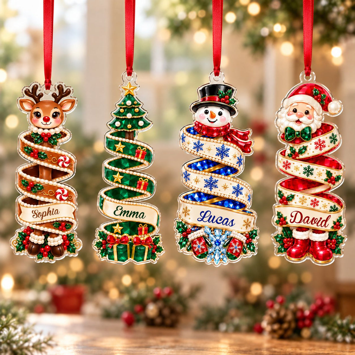 Custom-cut acrylic ornament showing a reindeer or Santa head wrapped in a name banner with holly and candies.