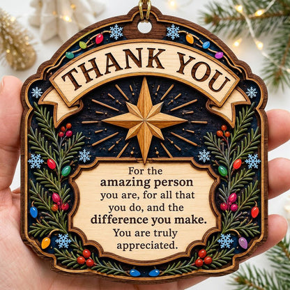Ornate arch wood ornament with “THANK YOU” message, eight-point star, evergreens, berries, colorful lights, and snowflak