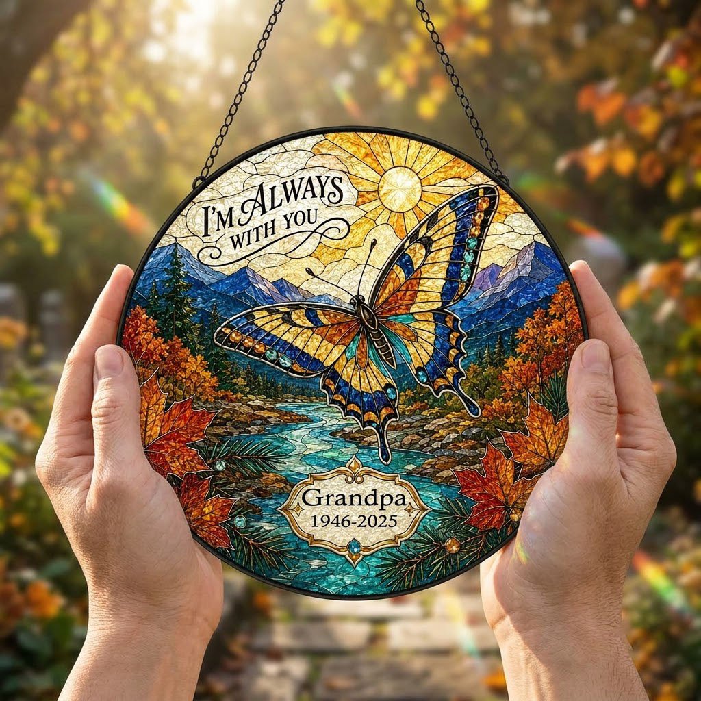 Personalized Butterfly Mountain Landscape Memorial I'm Always With You Stained Glass Round Suncatcher