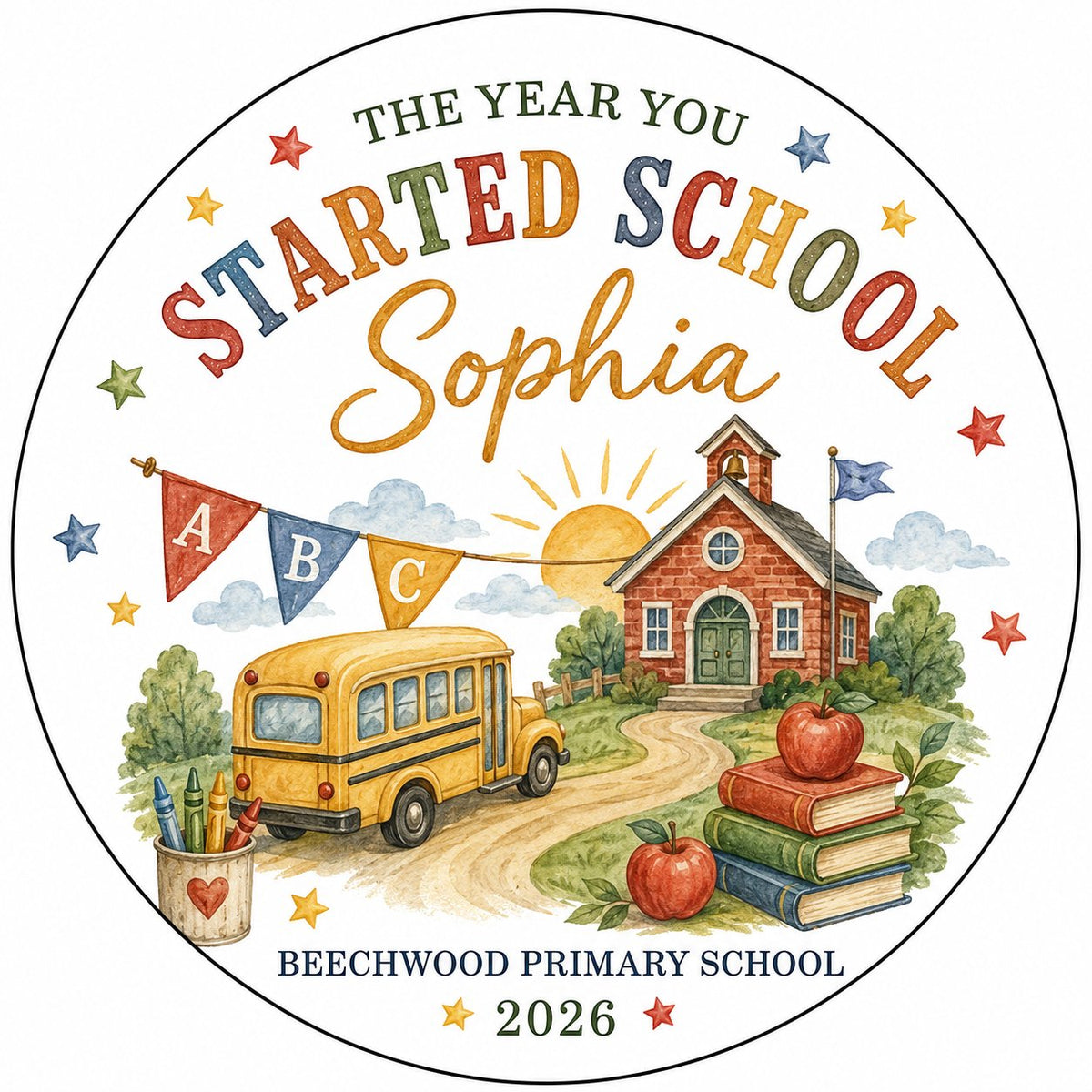 Round ceramic ornament with watercolor school bus, red brick schoolhouse, ABC bunting, books, apples, and colorful stars