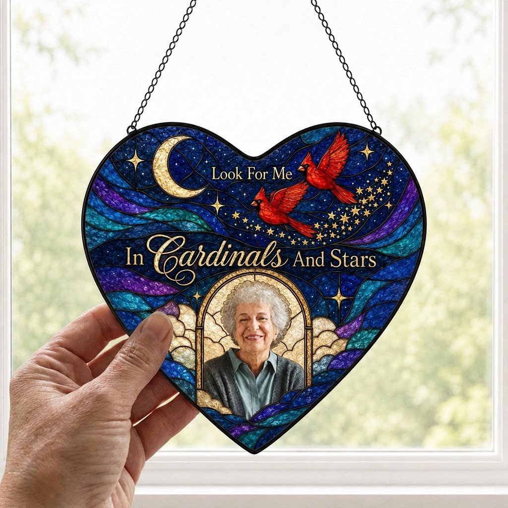 Heart-shaped stained glass suncatcher with night sky, moon, stars, two red cardinals, and a golden photo frame.