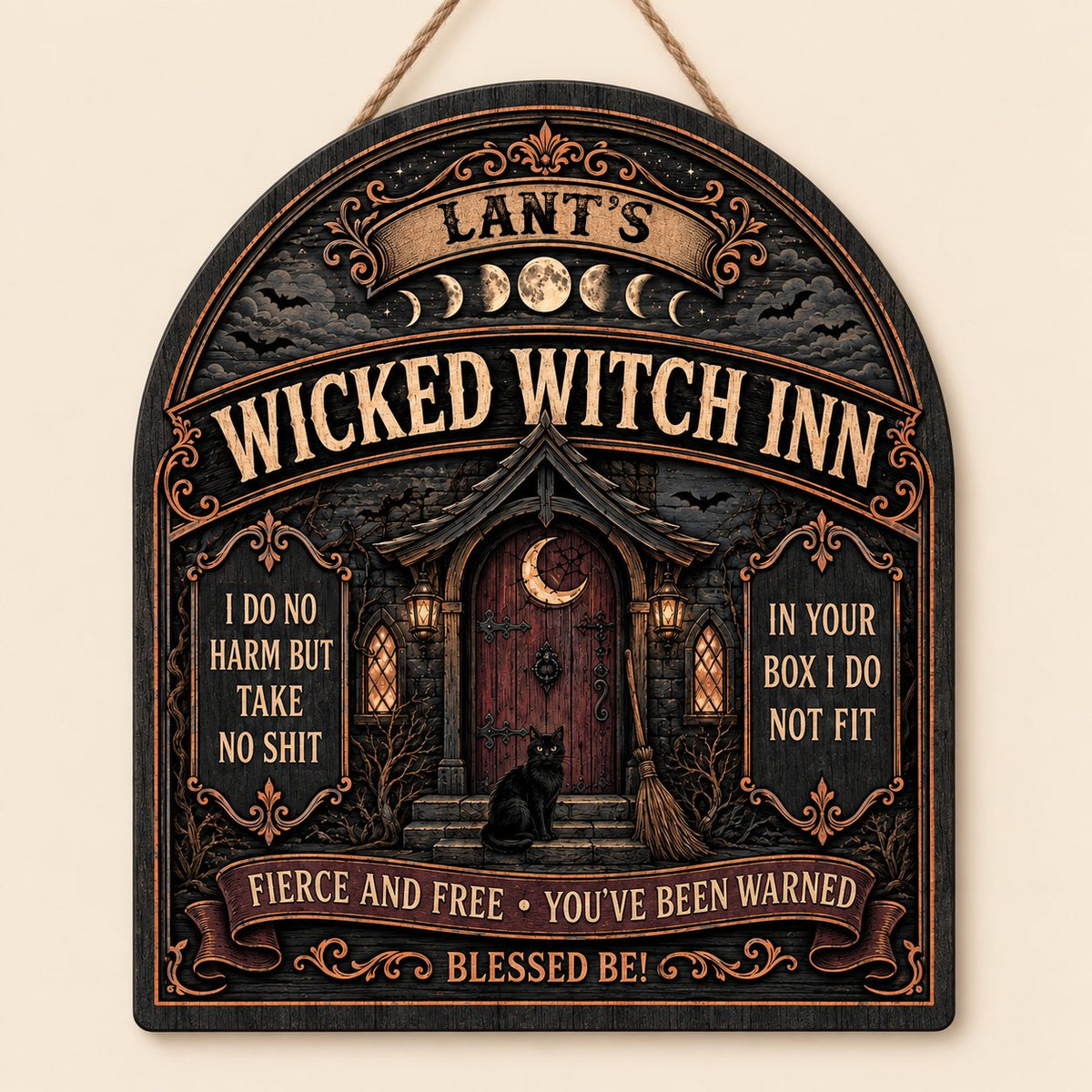 Arch wooden sign with a witch's cottage, bats, moon phases, red crescent door, broom, and a black cat on the steps.