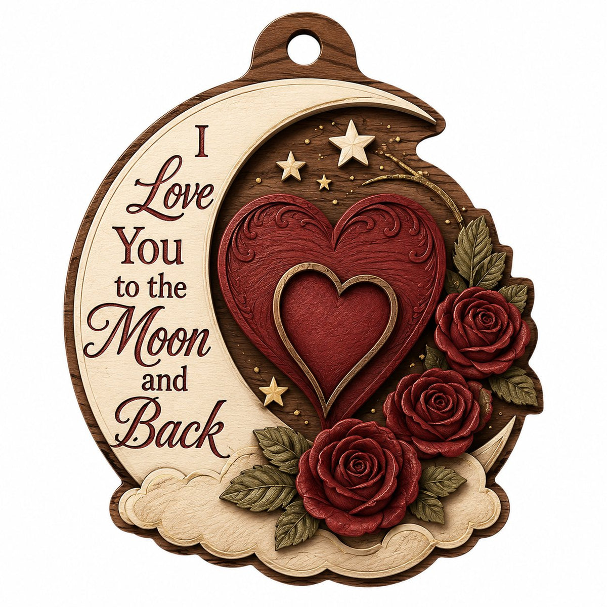 Custom-cut wood ornament with a crescent moon, red heart, three red roses, gold stars, and clouds.
