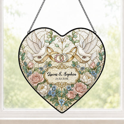 Personalized Wedding Doves & Intertwined Rings Floral Heart Stained Glass Suncatcher