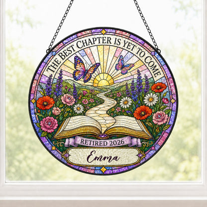 Personalized Retirement Open Book Pathway The Best Chapter Is Yet To Come Stained Glass Round Suncatcher