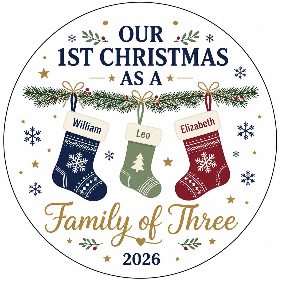 Round white ceramic ornament with garland, three stockings, and 'OUR 1ST CHRISTMAS AS A Family of Three 2026' text with 