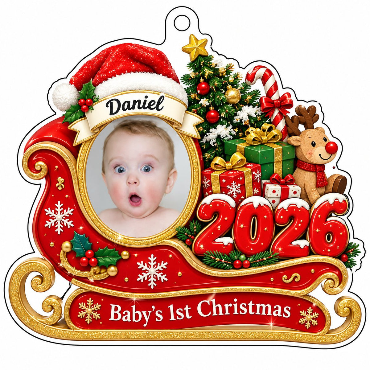 Custom-cut acrylic ornament shaped like a sleigh, reindeer and tree with a photo frame and Baby's 1st Christma text.