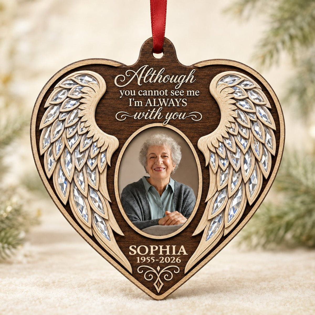Heart wood ornament with angel wings, oval photo, and the quote 'Although you cannot see me I'm ALWAYS with you'.