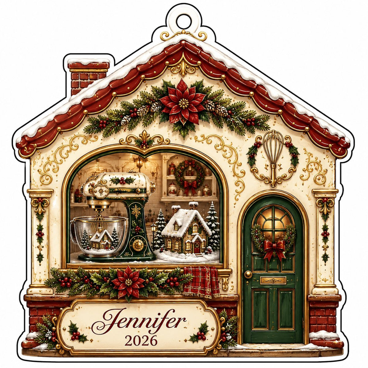 House-shaped acrylic ornament with baking scene, stand mixer, wreaths, and name and year on the bottom banner.
