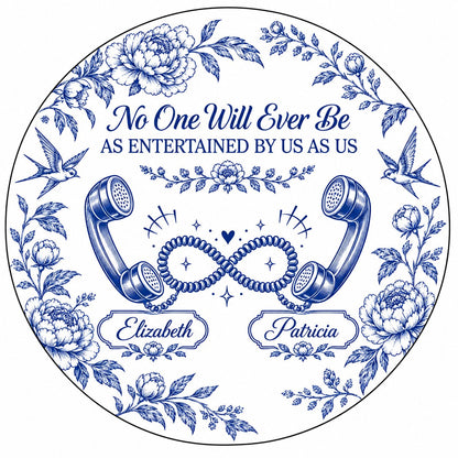 Blue toile round ornament with crown, swallows, vintage phones in an infinity and two name banners